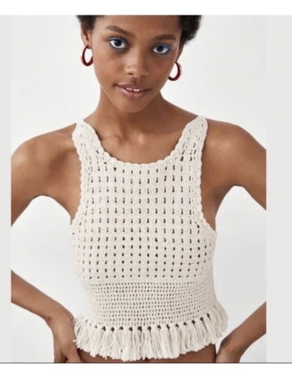 Zara Trafaluc Crop Crochet Tank Top Cream Ivory Fringe Boho Summer Beach Size S